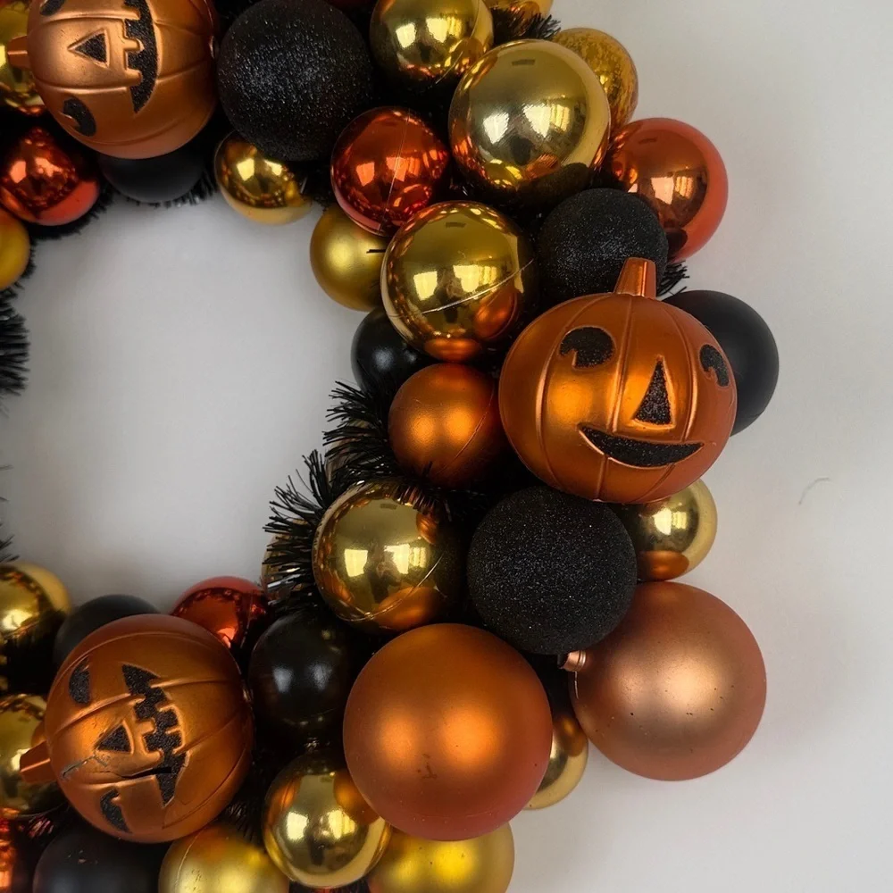 Halloween Shatterproof Ornament  Orange Black Gold Shiny Wreath Festive Spooky